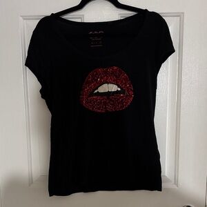 GBG Los Angeles Black Tee with Red Sequin Lip Motif